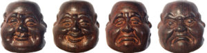 The four Bouddha expressions: distant, happy, angry, sad.